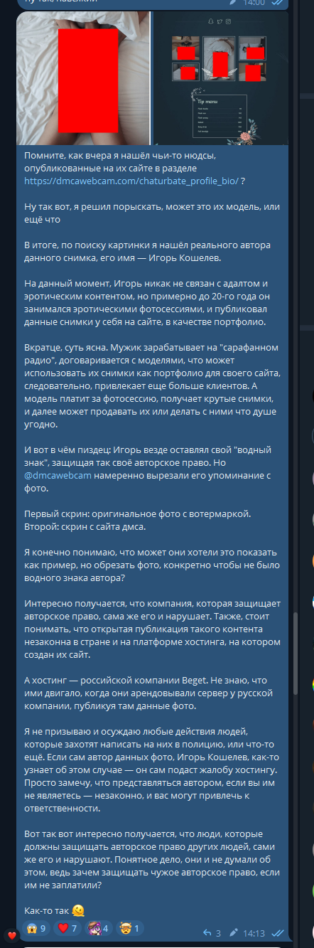 скрин мини-статьи в Telegram о чужих фотографиях на сайте DMCAWEBCAM